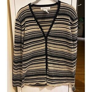 Vintage Jones New York Black/Beige Striped Knit Button V-Neck Cardigan Sweater M